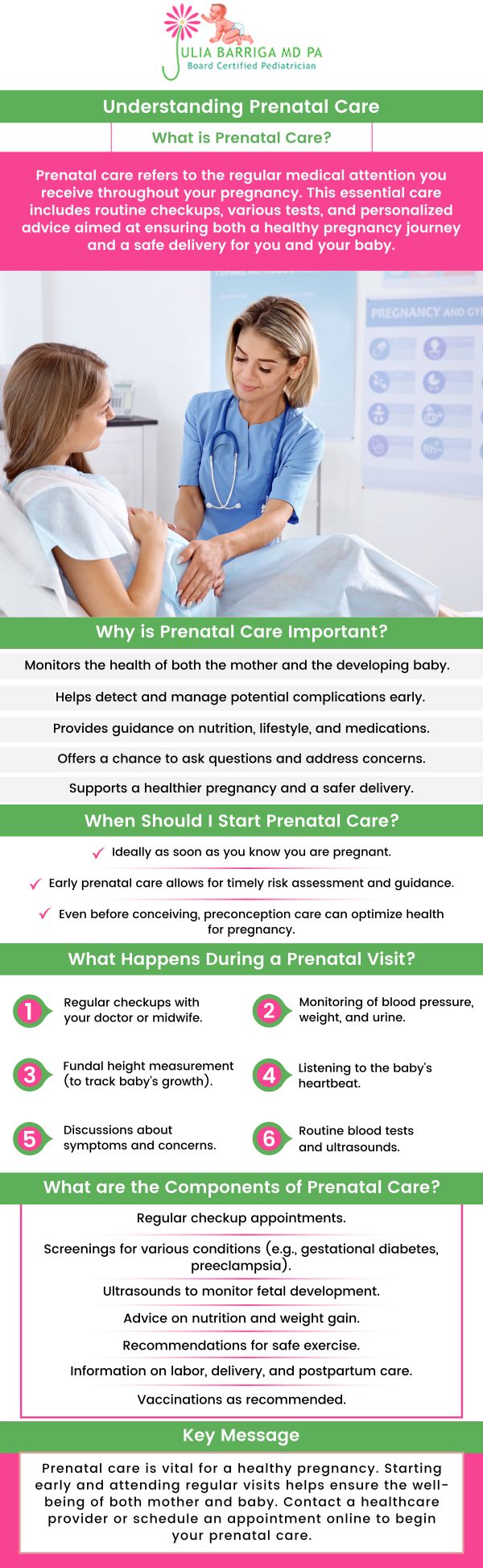 Prenatal visits are essential for establishing baseline health during pregnancy and checking for infection, blood pressure, and lifestyle habits. During prenatal care appointments, doctors provide a comprehensive check-up, including physical exams and blood and urine tests, and discuss diet, lifestyle, and prenatal vitamins. Schedule your first prenatal visit at Julia Barriga M.D. P.A. as soon as you suspect pregnancy, even if confirmed through a home pregnancy test, to ensure regular monitoring by your healthcare provider. For more information, contact us or request an appointment online. We are conveniently located at 5001 East Busch Blvd Tampa, FL 33617. Prenatal visits are essential for establishing baseline health during pregnancy and checking for infection, blood pressure, and lifestyle habits. During prenatal care appointments, doctors provide a comprehensive check-up, including physical exams and blood and urine tests, and discuss diet, lifestyle, and prenatal vitamins. Schedule your first prenatal visit at Julia Barriga M.D. P.A. as soon as you suspect pregnancy, even if confirmed through a home pregnancy test, to ensure regular monitoring by your healthcare provider. For more information, contact us or request an appointment online. We are conveniently located at 5001 East Busch Blvd Tampa, FL 33617.