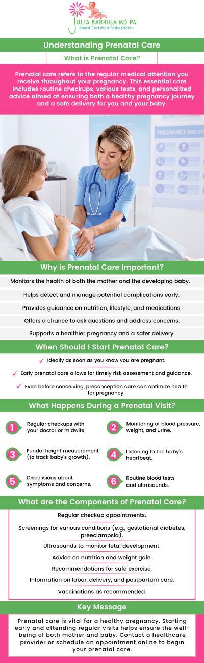 Prenatal visits are essential for establishing baseline health during pregnancy and checking for infection, blood pressure, and lifestyle habits. During prenatal care appointments, doctors provide a comprehensive check-up, including physical exams and blood and urine tests, and discuss diet, lifestyle, and prenatal vitamins. Schedule your first prenatal visit at Julia Barriga M.D. P.A. as soon as you suspect pregnancy, even if confirmed through a home pregnancy test, to ensure regular monitoring by your healthcare provider. For more information, contact us or request an appointment online. We are conveniently located at 5001 East Busch Blvd Tampa, FL 33617. Prenatal visits are essential for establishing baseline health during pregnancy and checking for infection, blood pressure, and lifestyle habits. During prenatal care appointments, doctors provide a comprehensive check-up, including physical exams and blood and urine tests, and discuss diet, lifestyle, and prenatal vitamins. Schedule your first prenatal visit at Julia Barriga M.D. P.A. as soon as you suspect pregnancy, even if confirmed through a home pregnancy test, to ensure regular monitoring by your healthcare provider. For more information, contact us or request an appointment online. We are conveniently located at 5001 East Busch Blvd Tampa, FL 33617.