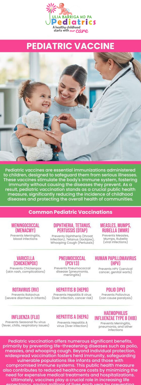 Childhood immunizations protect children from serious, potentially fatal infections. Protect your child from illnesses that can be prevented with vaccines. ailment or even death. Our board-certified pediatrician Julia Barriga M.D. P.A. in Tampa, FL provides pediatric immunizations for tetanus, polio, chickenpox, measles, and other diseases. For more information, please contact us or request an appointment online. We are conveniently located at 5001 East Busch Blvd Tampa, FL 33617.