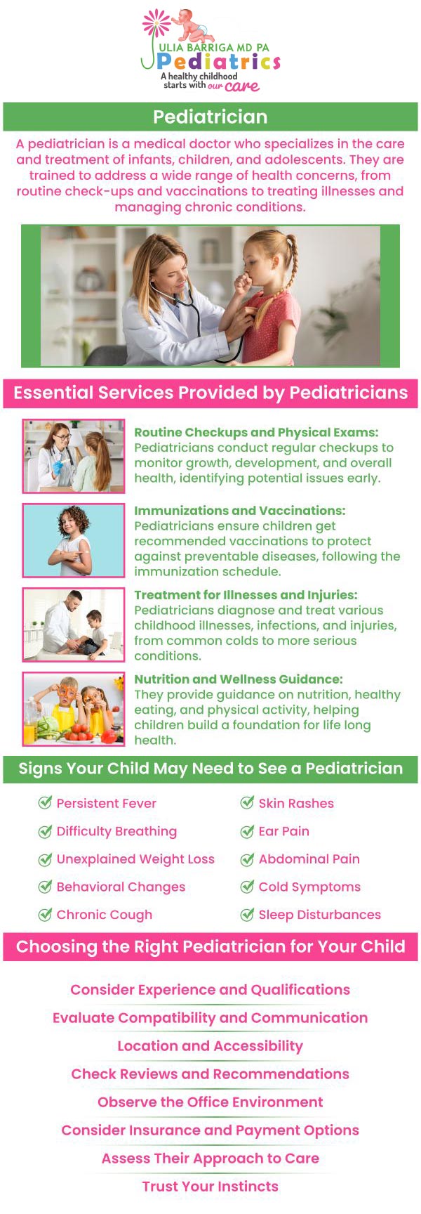 Pediatricians treat children of all ages from newborns to teens. Our board-certified pediatricians at Julia Barriga M.D. P.A provide experienced pediatric care that includes physical examinations, hearing and vision screening, asthma treatment, diagnostic services, ADHD management and much more in Tampa, FL. For more information, please contact us or book an appointment online. Pediatricians treat children of all ages from newborns to teens. Our board-certified pediatricians at Julia Barriga M.D. P.A provide experienced pediatric care that includes physical examinations, hearing and vision screening, asthma treatment, diagnostic services, ADHD management and much more in Tampa, FL. For more information, please contact us or book an appointment online.