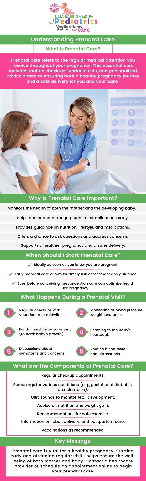 Prenatal visits are essential for establishing baseline health during pregnancy and checking for infection, blood pressure, and lifestyle habits. During prenatal care appointments, doctors provide a comprehensive check-up, including physical exams and blood and urine tests, and discuss diet, lifestyle, and prenatal vitamins. Schedule your first prenatal visit at Julia Barriga M.D. P.A. as soon as you suspect pregnancy, even if confirmed through a home pregnancy test, to ensure regular monitoring by your healthcare provider. For more information, contact us or request an appointment online. We are conveniently located at 5001 East Busch Blvd Tampa, FL 33617.