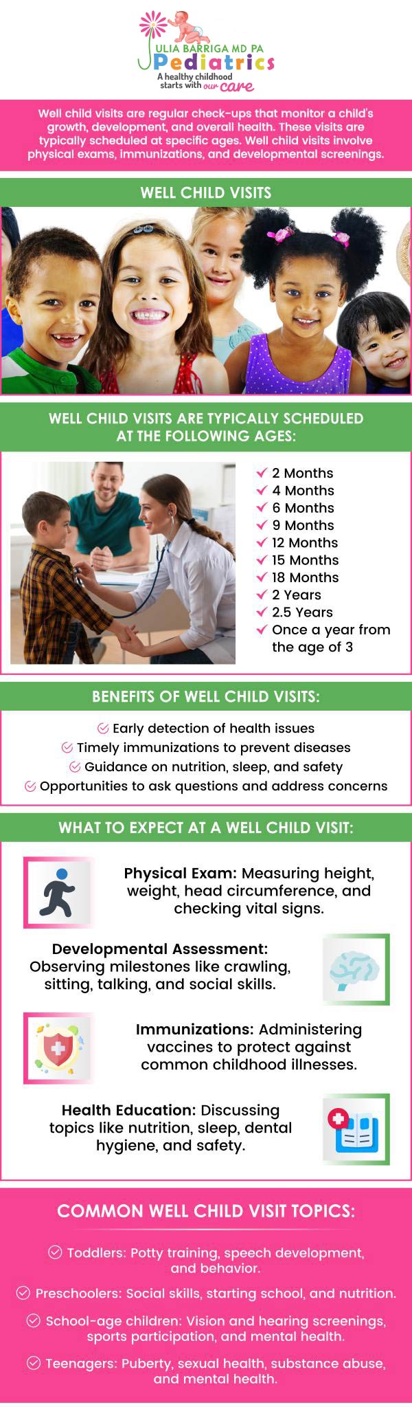 Well-child visits allow parents to monitor their child's health and ensure that they are progressing and developing adequately. At Julia Barriga M.D. P.A., we recommend yearly preventative well-child visits with our board-certified pediatricians to assess growth, development, and general health in Tampa, FL. For more information, please contact us or request an appointment online. We are conveniently located at 5001 East Busch Blvd Tampa, FL 33617.