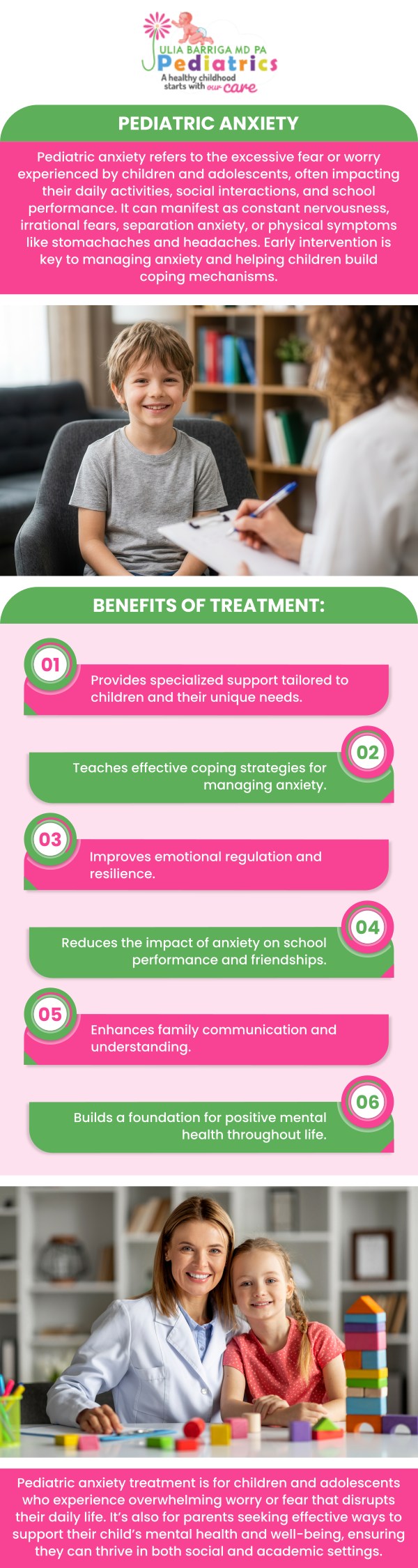 Recognizing anxiety in a child can be challenging, as it often masquerades as irritability, physical illness, or simple "growing pains." At Julia Barriga MD, P.A., we understand that mental health is just as critical as physical health for your child's overall development. Under the compassionate guidance of Dr. Julia Barriga, our team provides a safe, welcoming environment where families can discuss behavioral concerns without judgment. By identifying these struggles early, we can work together to build a foundation of resilience and emotional well-being for your little one. For more information, please contact us or request an appointment online. We are conveniently located at 5001 East Busch Blvd Tampa, FL 33617. Recognizing anxiety in a child can be challenging, as it often masquerades as irritability, physical illness, or simple "growing pains." At Julia Barriga MD, P.A., we understand that mental health is just as critical as physical health for your child's overall development. Under the compassionate guidance of Dr. Julia Barriga, our team provides a safe, welcoming environment where families can discuss behavioral concerns without judgment. By identifying these struggles early, we can work together to build a foundation of resilience and emotional well-being for your little one. For more information, please contact us or request an appointment online. We are conveniently located at 5001 East Busch Blvd Tampa, FL 33617.
