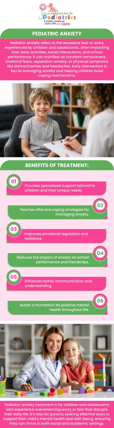 Recognizing anxiety in a child can be challenging, as it often masquerades as irritability, physical illness, or simple "growing pains." At Julia Barriga MD, P.A., we understand that mental health is just as critical as physical health for your child's overall development. Under the compassionate guidance of Dr. Julia Barriga, our team provides a safe, welcoming environment where families can discuss behavioral concerns without judgment. By identifying these struggles early, we can work together to build a foundation of resilience and emotional well-being for your little one. For more information, please contact us or request an appointment online. We are conveniently located at 5001 East Busch Blvd Tampa, FL 33617. Recognizing anxiety in a child can be challenging, as it often masquerades as irritability, physical illness, or simple "growing pains." At Julia Barriga MD, P.A., we understand that mental health is just as critical as physical health for your child's overall development. Under the compassionate guidance of Dr. Julia Barriga, our team provides a safe, welcoming environment where families can discuss behavioral concerns without judgment. By identifying these struggles early, we can work together to build a foundation of resilience and emotional well-being for your little one. For more information, please contact us or request an appointment online. We are conveniently located at 5001 East Busch Blvd Tampa, FL 33617.