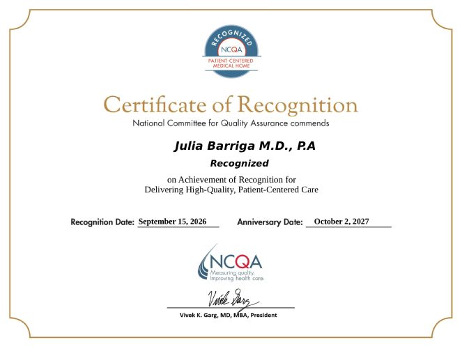 Certificate of Recognition at Julia Barriga M.D P.A. in Tampa FL