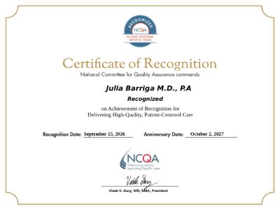 Certificate of Recognition at Julia Barriga M.D P.A. in Tampa FL Certificate of Recognition at Julia Barriga M.D P.A. in Tampa FL